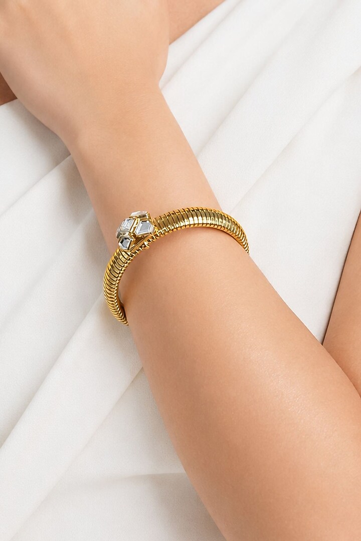 Micron Gold Finish Hand-Cut Polki Mirror Bracelet by Isharya at Pernia's Pop Up Shop