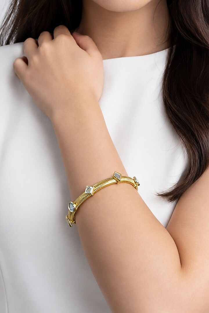 Micron Gold Finish Hand-Cut Polki Mirror Chain Link Bracelet by Isharya at Pernia's Pop Up Shop