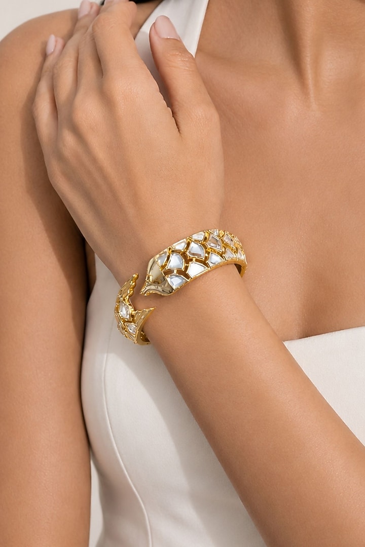 Micron Gold Finish Hand-Cut Polki Mirror Cuff by Isharya at Pernia's Pop Up Shop
