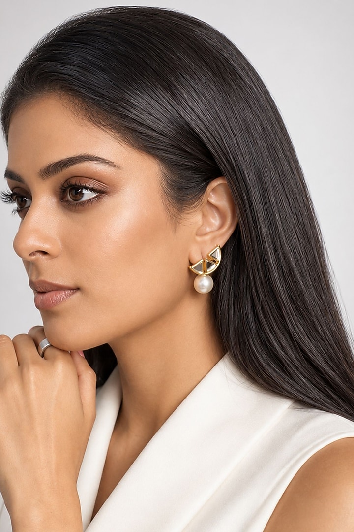 Micron Gold Finish Hand-Cut Polki & Pearl Mirror Dangler Earrings by Isharya at Pernia's Pop Up Shop