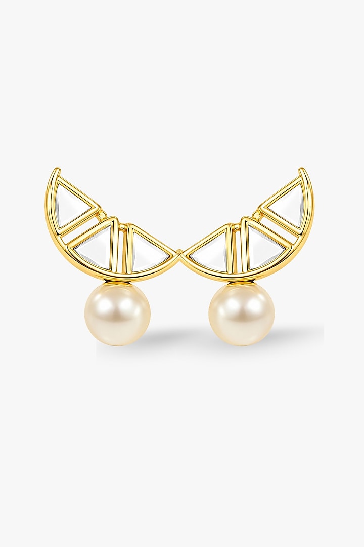 Micron Gold Finish Hand-Cut Polki & Pearl Mirror Dangler Earrings by Isharya at Pernia's Pop Up Shop