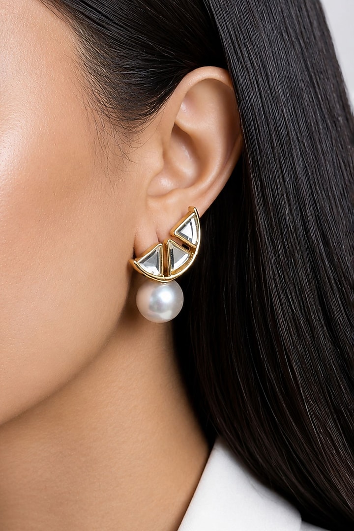 Micron Gold Finish Hand-Cut Polki & Pearl Mirror Dangler Earrings by Isharya at Pernia's Pop Up Shop