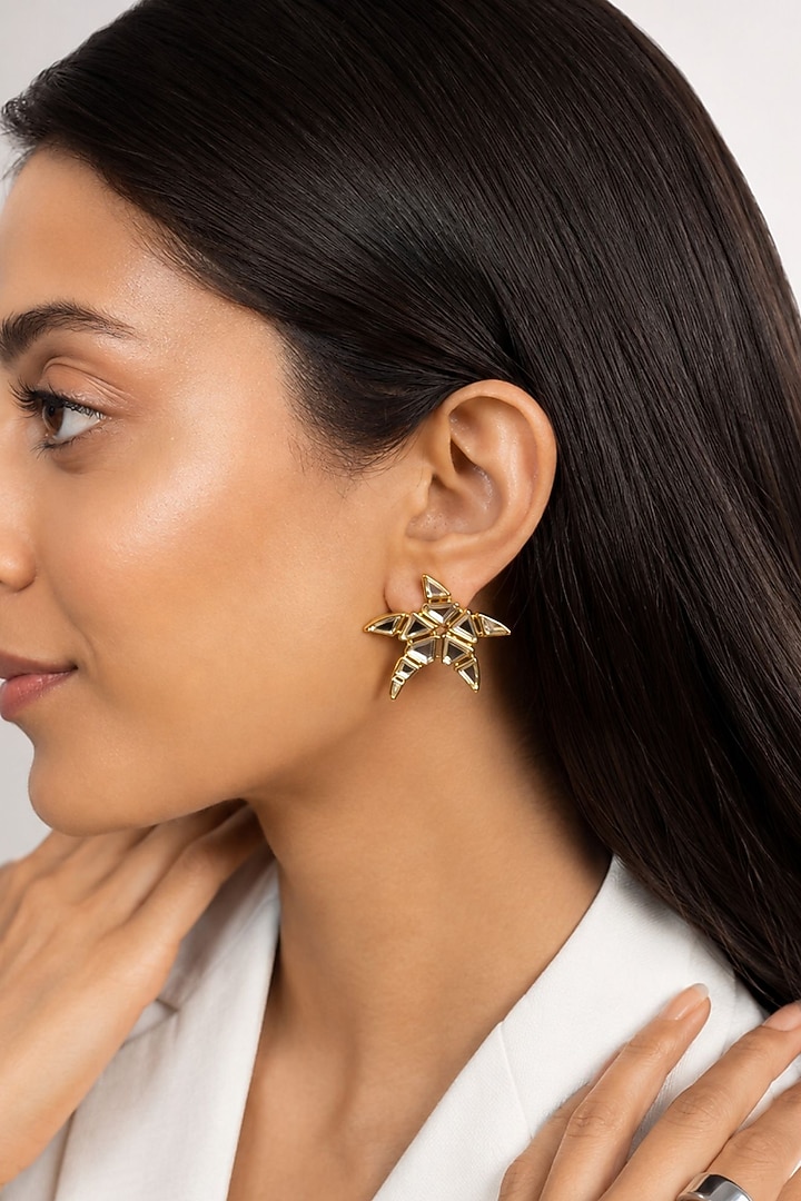 Micron Gold Finish Hand-Cut Polki Mirror Stud Earrings by Isharya at Pernia's Pop Up Shop