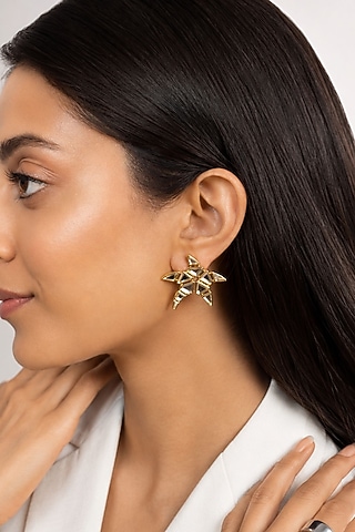 Micron Gold Finish Hand-Cut Polki Mirror Stud Earrings by Isharya