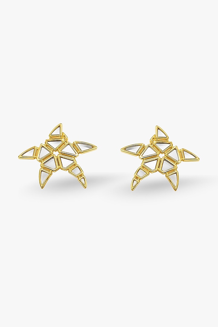 Micron Gold Finish Hand-Cut Polki Mirror Stud Earrings by Isharya at Pernia's Pop Up Shop