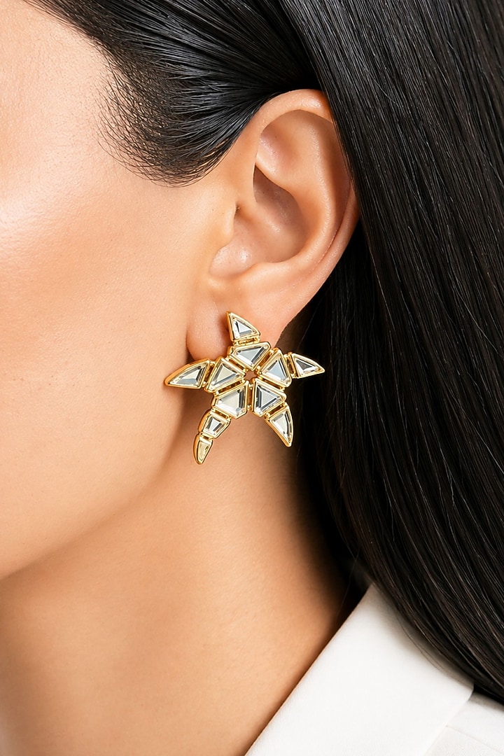 Micron Gold Finish Hand-Cut Polki Mirror Stud Earrings by Isharya at Pernia's Pop Up Shop