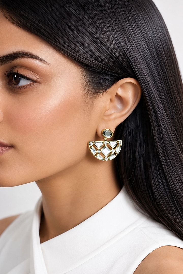 Micron Gold Finish Hand-Cut Polki Mirror Dangler Earrings by Isharya at Pernia's Pop Up Shop