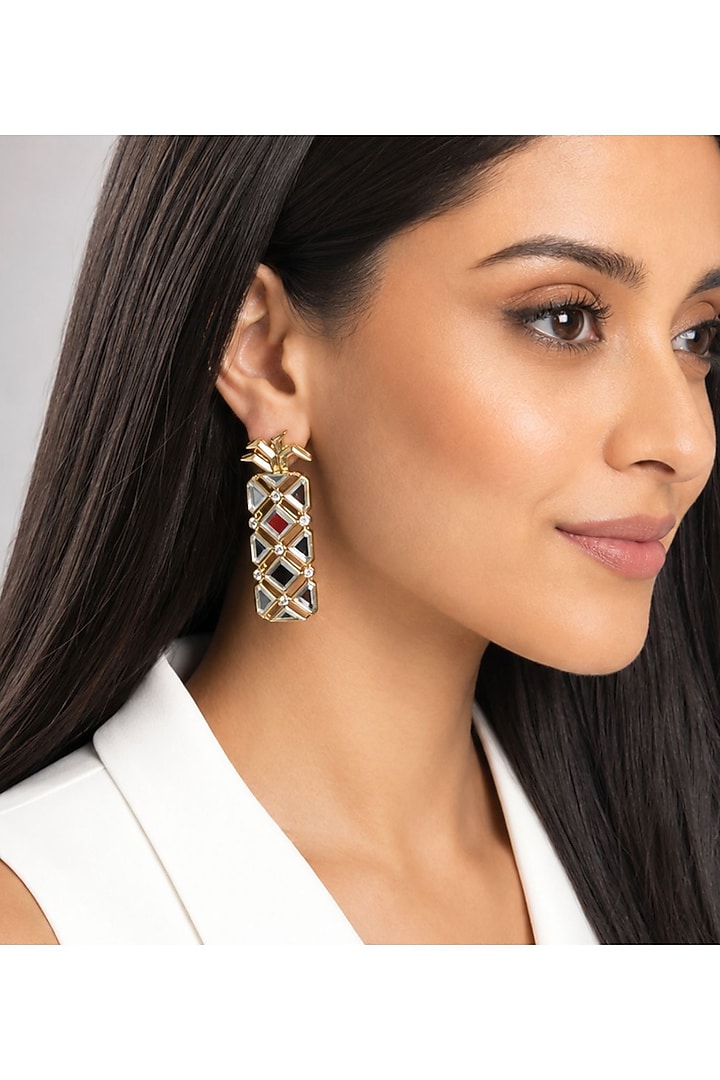 Micron Gold Finish Hand-Cut Polki Mirror Stud Earrings by Isharya at Pernia's Pop Up Shop
