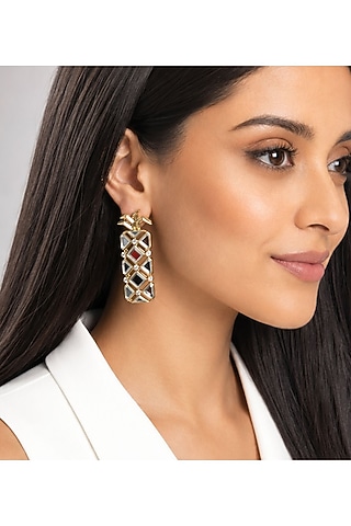 Micron Gold Finish Hand-Cut Polki Mirror Stud Earrings by Isharya