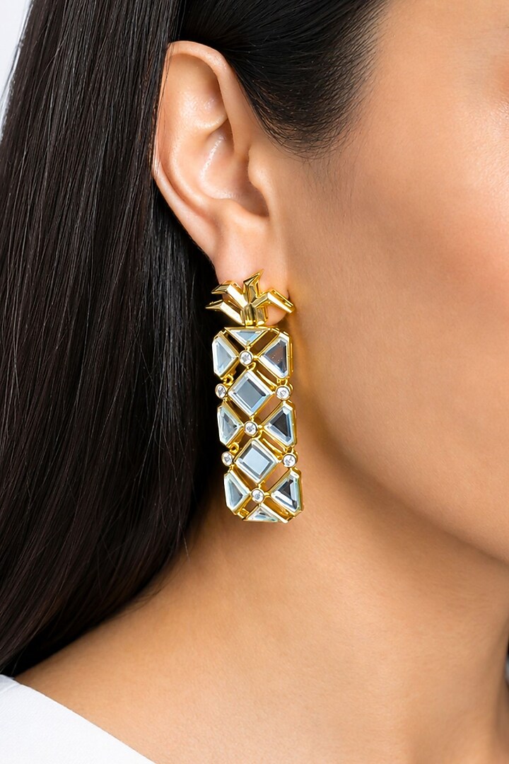 Micron Gold Finish Hand-Cut Polki Mirror Stud Earrings by Isharya at Pernia's Pop Up Shop