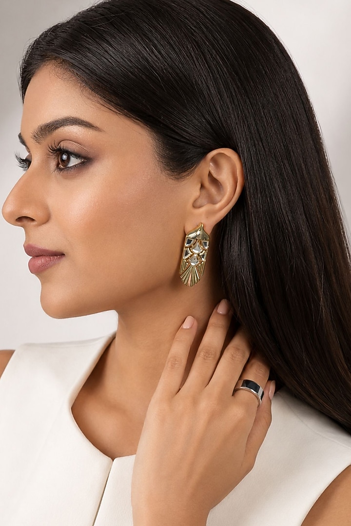 Micron Gold Finish Hand-Cut Polki Mirror Stud Earrings by Isharya at Pernia's Pop Up Shop