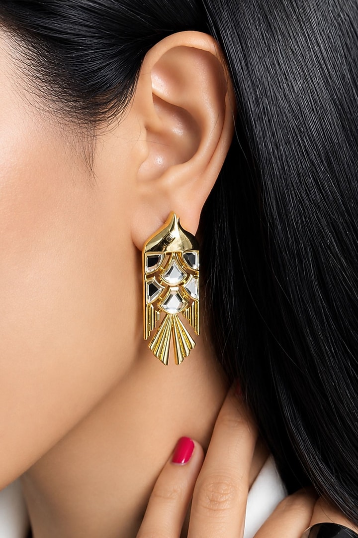 Micron Gold Finish Hand-Cut Polki Mirror Stud Earrings by Isharya at Pernia's Pop Up Shop