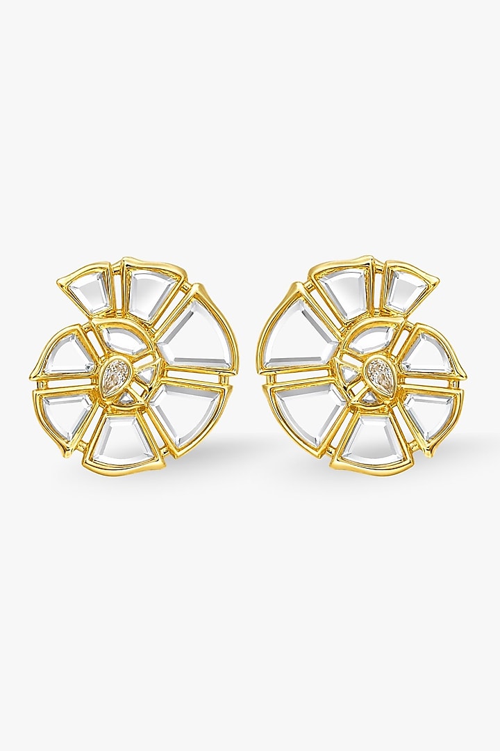 Micron Gold Finish Hand-Cut Polki Mirror Stud Earrings by Isharya at Pernia's Pop Up Shop