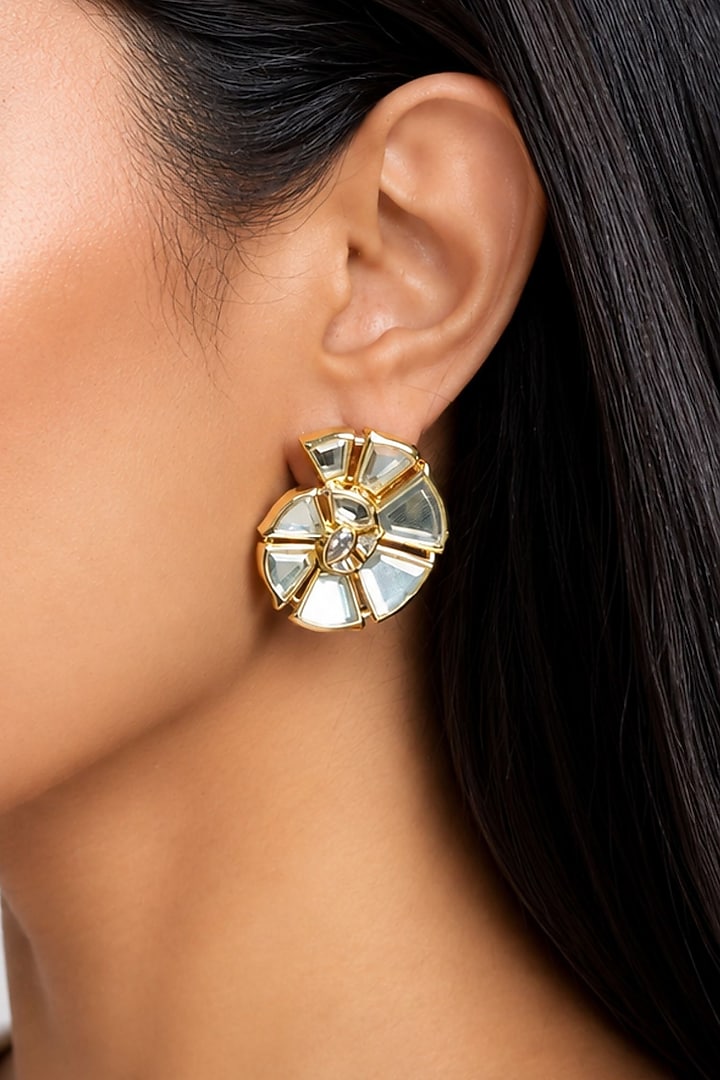 Micron Gold Finish Hand-Cut Polki Mirror Stud Earrings by Isharya at Pernia's Pop Up Shop