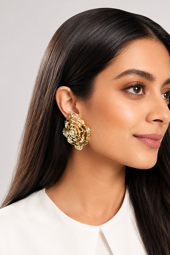 Micron Gold Finish Hand-Cut Polki Mirror Stud Earrings by Isharya at Pernia's Pop Up Shop