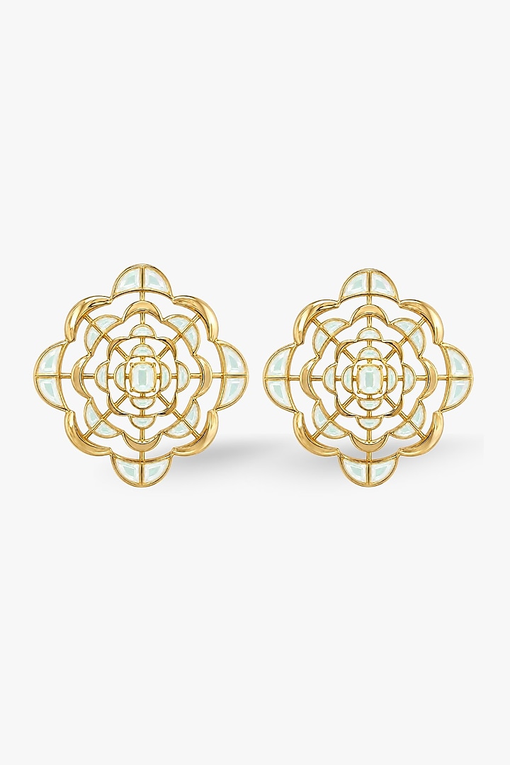 Micron Gold Finish Hand-Cut Polki Mirror Stud Earrings by Isharya at Pernia's Pop Up Shop