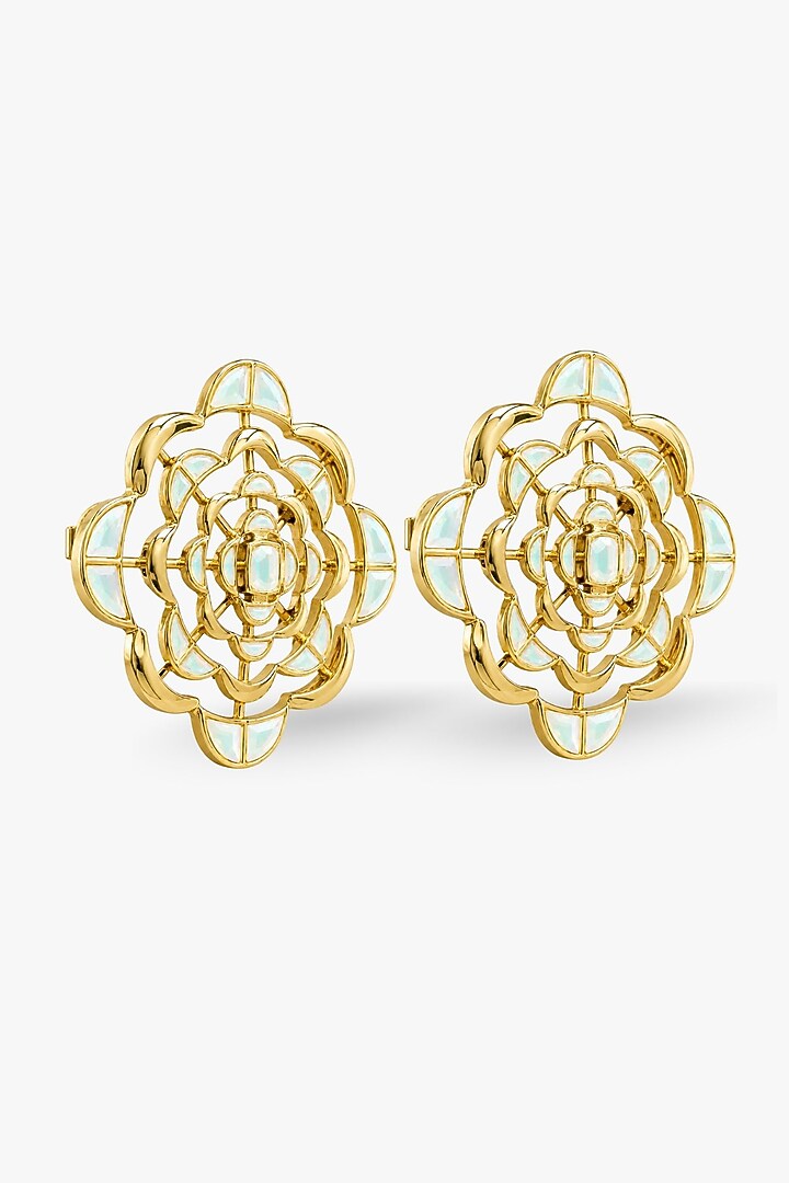 Micron Gold Finish Hand-Cut Polki Mirror Stud Earrings by Isharya at Pernia's Pop Up Shop