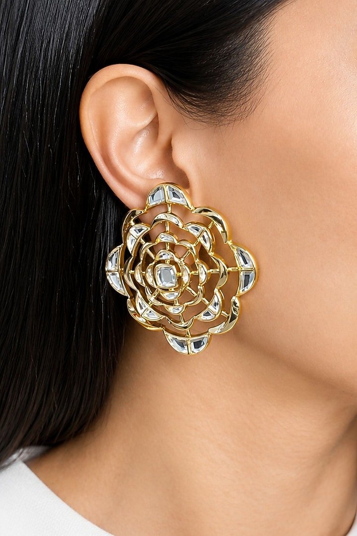 Micron Gold Finish Hand-Cut Polki Mirror Stud Earrings by Isharya at Pernia's Pop Up Shop