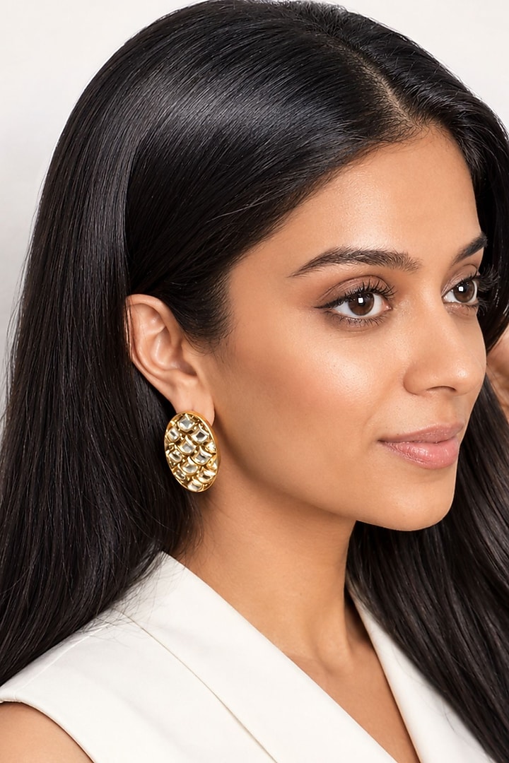 Micron Gold Finish Hand-Cut Polki Mirror Stud Earrings by Isharya at Pernia's Pop Up Shop