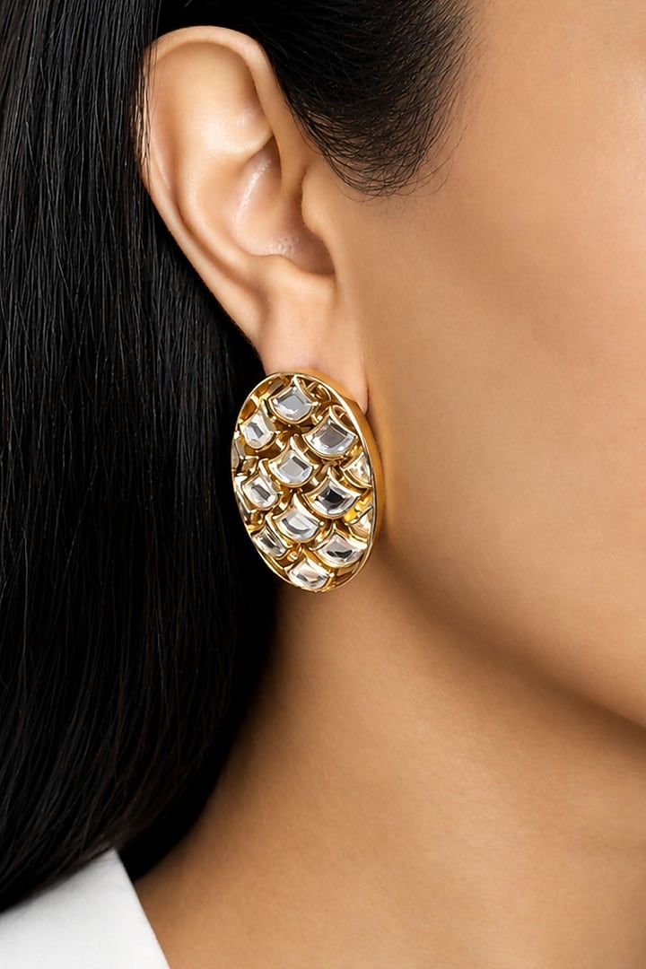 Micron Gold Finish Hand-Cut Polki Mirror Stud Earrings by Isharya at Pernia's Pop Up Shop