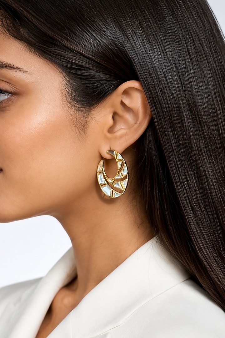 Micron Gold Finish Hand-Cut Polki Mirror Stud Earrings by Isharya at Pernia's Pop Up Shop