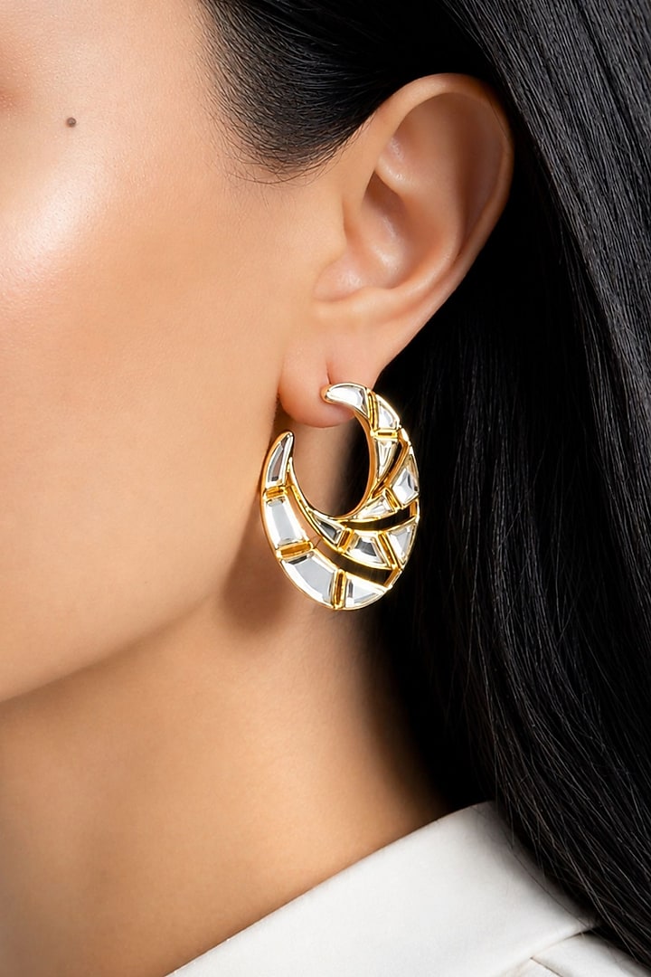 Micron Gold Finish Hand-Cut Polki Mirror Stud Earrings by Isharya at Pernia's Pop Up Shop