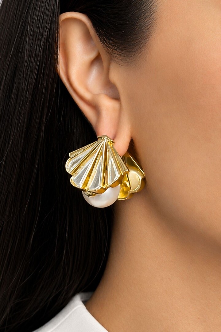Micron Gold Finish Hand-Cut Polki Mirror Hoop Earrings by Isharya at Pernia's Pop Up Shop