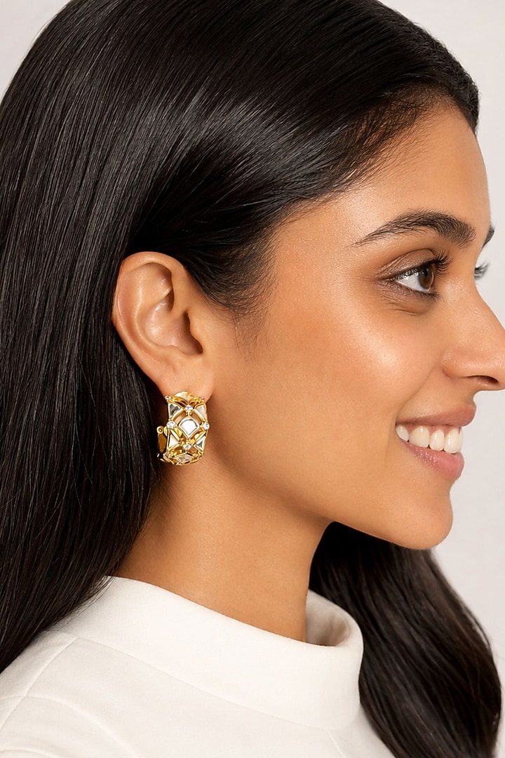 Micron Gold Finish Hand-Cut Polki Mirror Hoop Earrings by Isharya at Pernia's Pop Up Shop