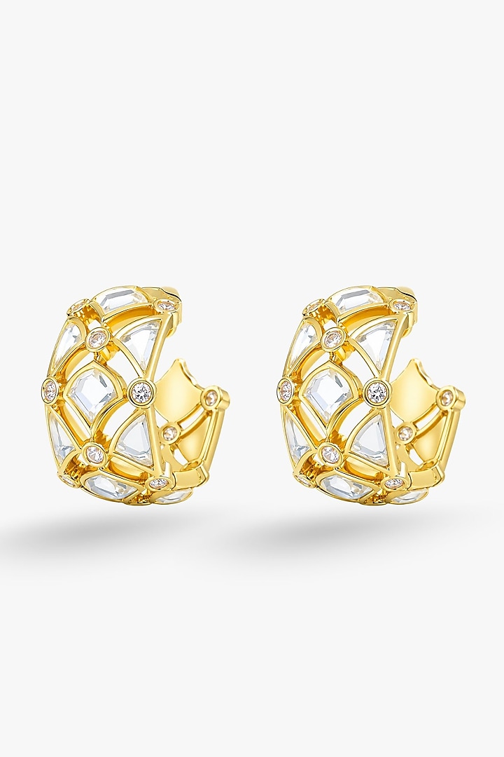 Micron Gold Finish Hand-Cut Polki Mirror Hoop Earrings by Isharya at Pernia's Pop Up Shop