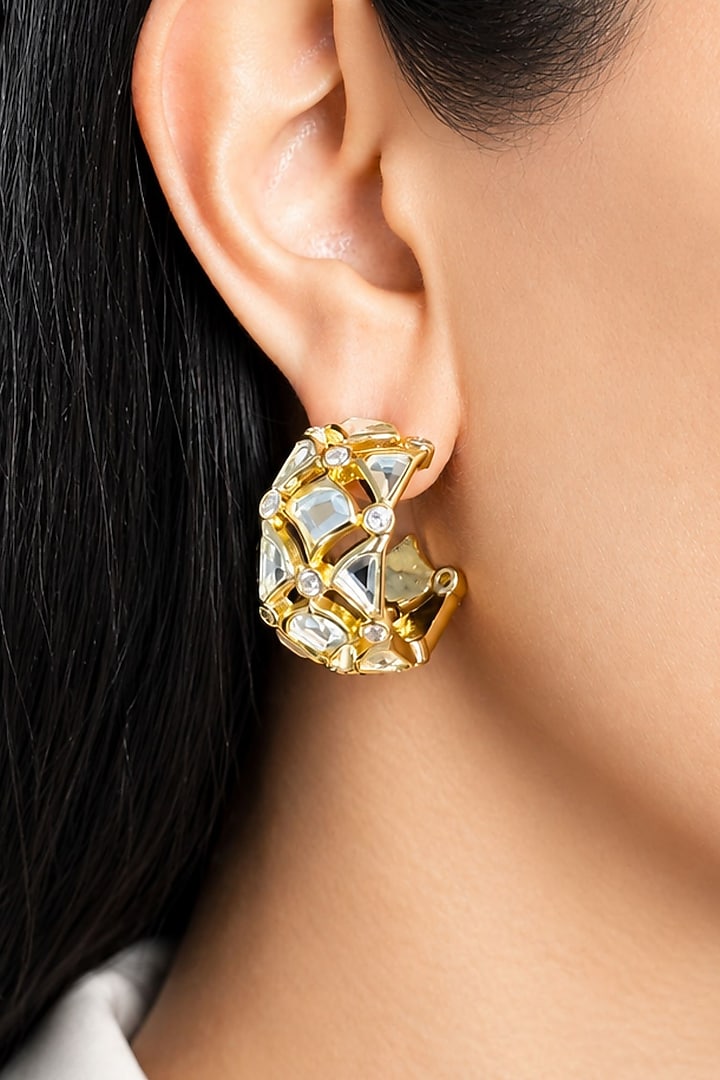 Micron Gold Finish Hand-Cut Polki Mirror Hoop Earrings by Isharya at Pernia's Pop Up Shop