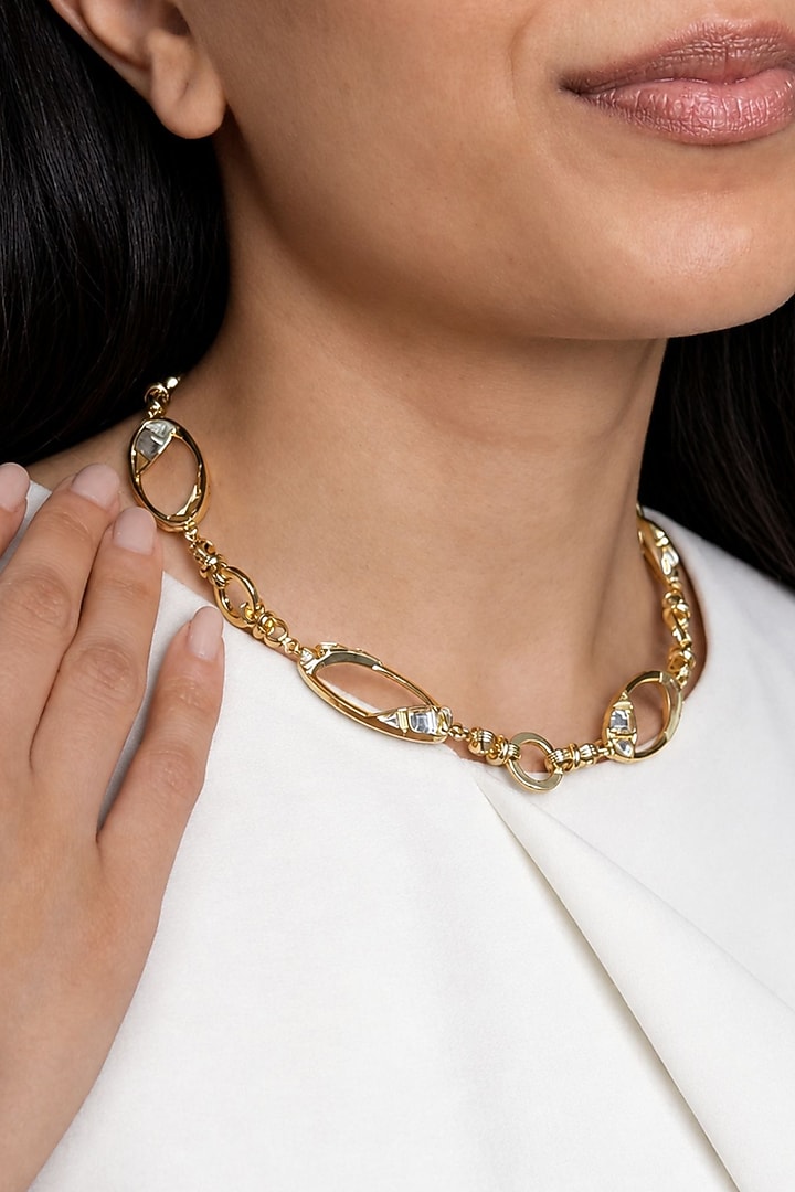Micron Gold Finish Hand-Cut Polki Mirror Choker Necklace by Isharya at Pernia's Pop Up Shop