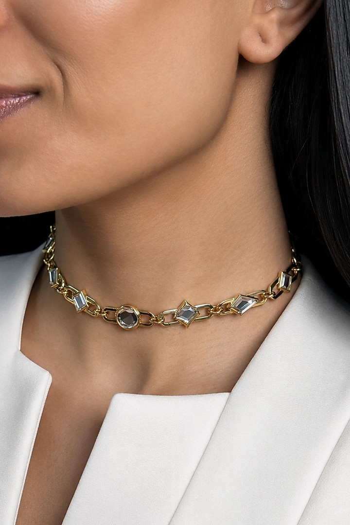 Micron Gold Finish Hand-Cut Polki Mirror Choker Necklace by Isharya at Pernia's Pop Up Shop