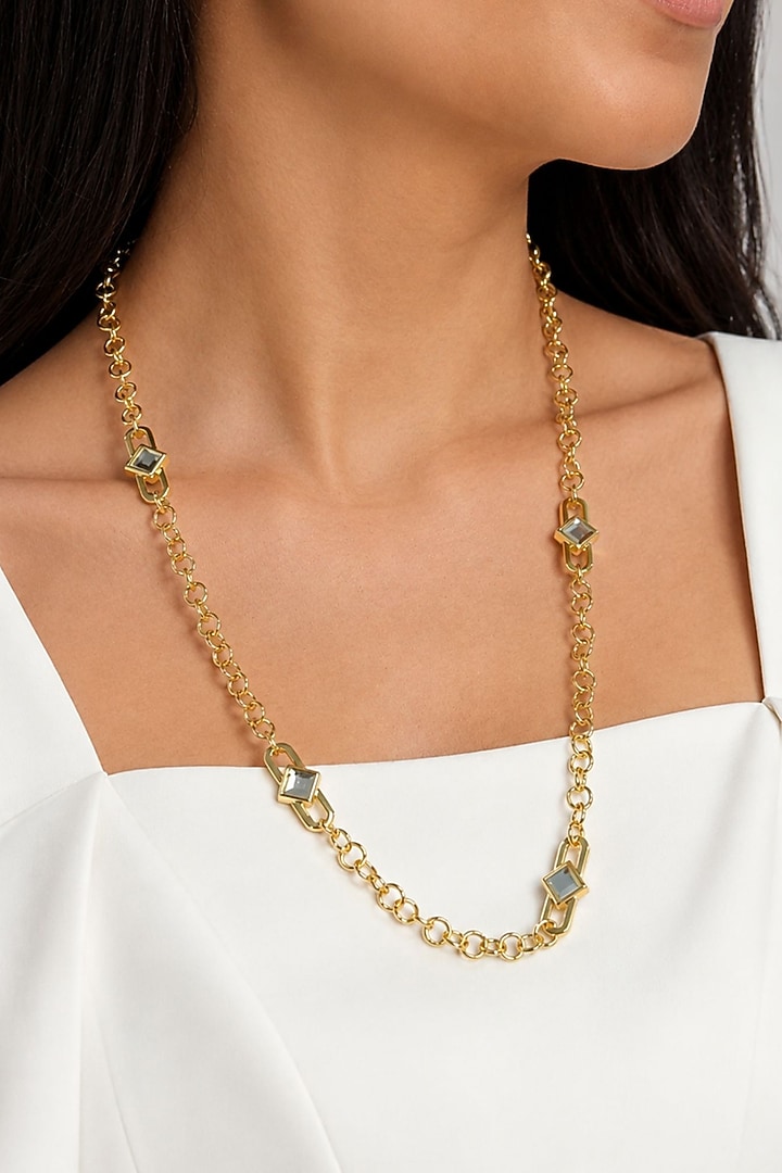 Micron Gold Finish Hand-Cut Polki Mirror Long Necklace by Isharya at Pernia's Pop Up Shop