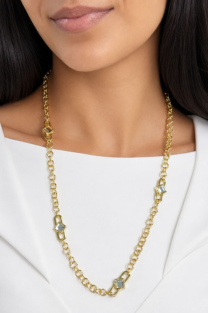 Micron Gold Finish Hand-Cut Polki Mirror Long Necklace by Isharya at Pernia's Pop Up Shop
