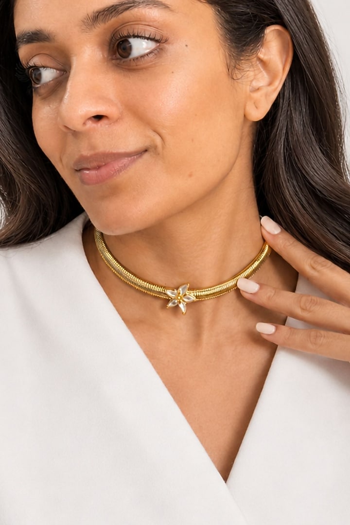 Micron Gold Finish Hand-Cut Polki Mirror Choker Necklace by Isharya at Pernia's Pop Up Shop