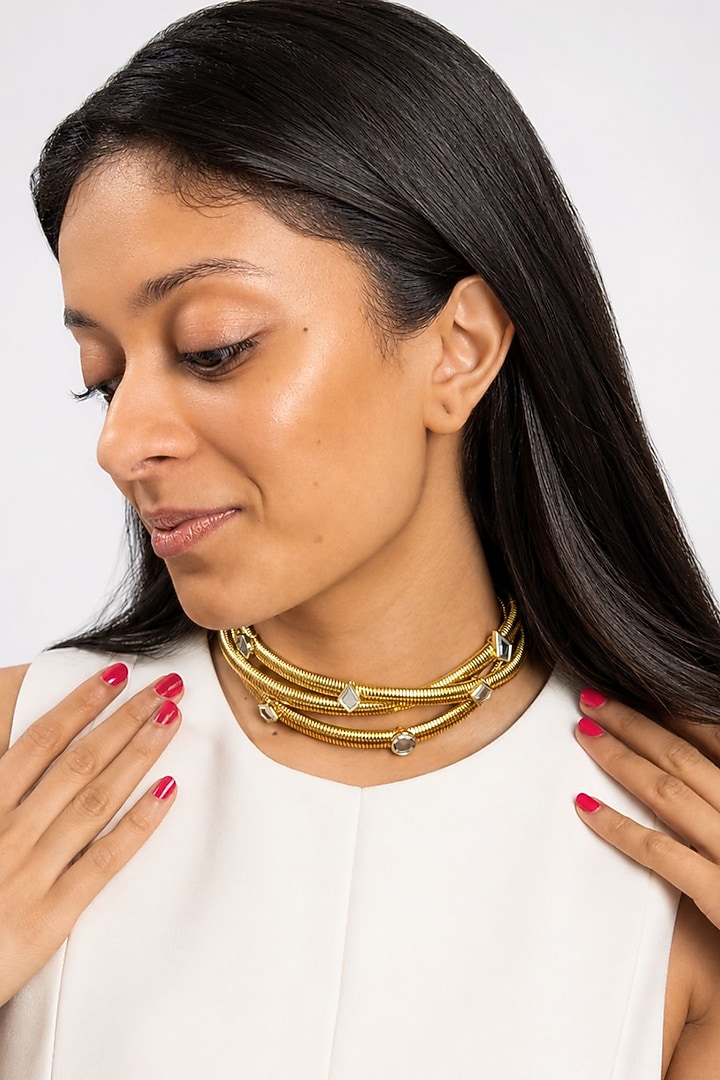 Micron Gold Finish Hand-Cut Polki Mirror Choker Necklace by Isharya at Pernia's Pop Up Shop