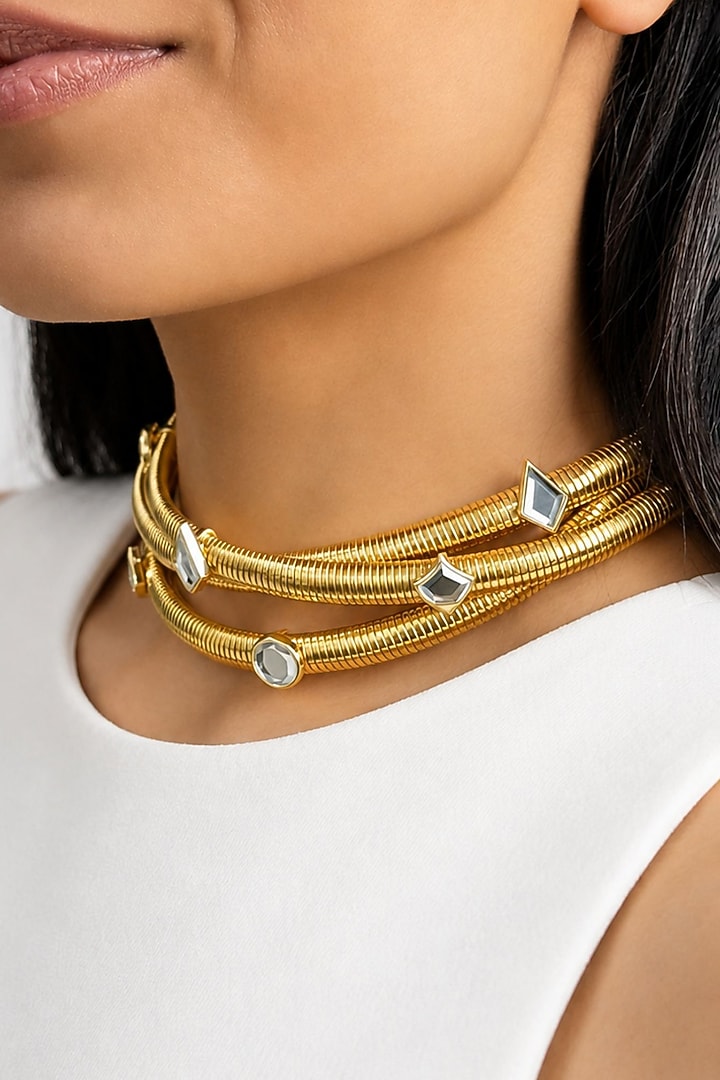 Micron Gold Finish Hand-Cut Polki Mirror Choker Necklace by Isharya at Pernia's Pop Up Shop
