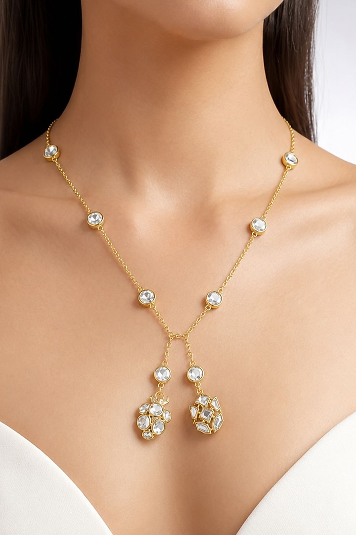 Micron Gold Finish Hand-Cut Polki Mirror Long Necklace by Isharya at Pernia's Pop Up Shop