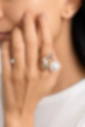 Micron Gold Finish Hand-Cut Polki Mirror & Pearl Ring by Isharya at Pernia's Pop Up Shop