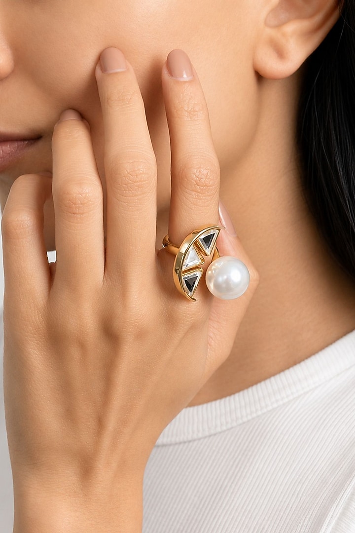 Micron Gold Finish Hand-Cut Polki Mirror & Pearl Ring by Isharya at Pernia's Pop Up Shop