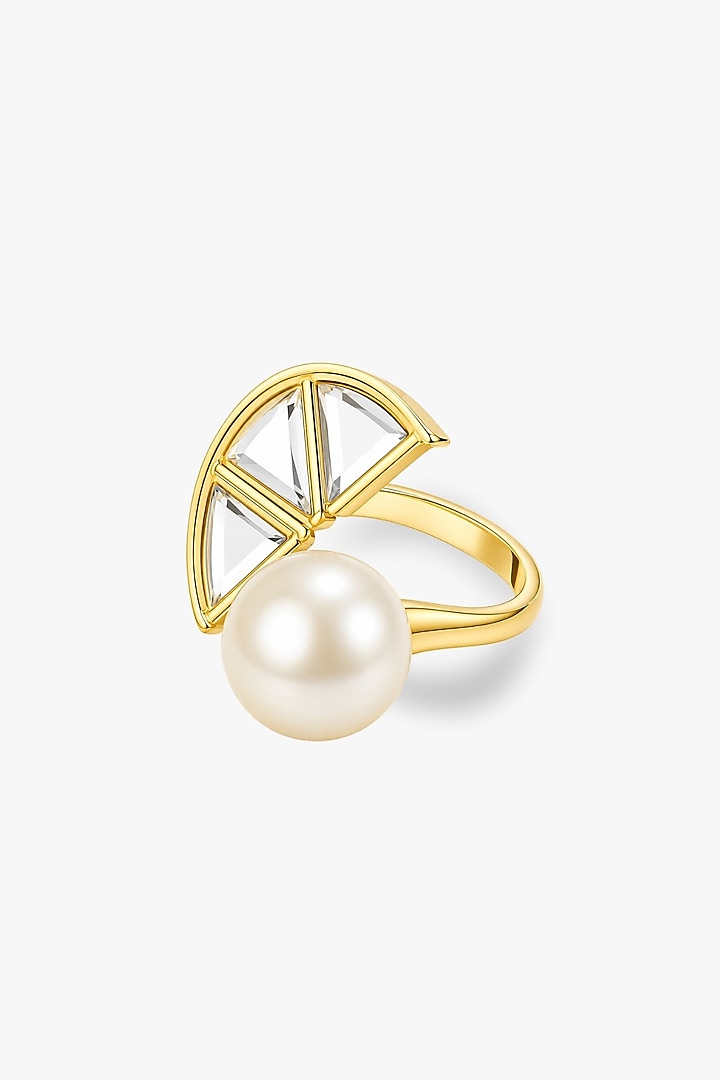 Micron Gold Finish Hand-Cut Polki Mirror & Pearl Ring by Isharya at Pernia's Pop Up Shop