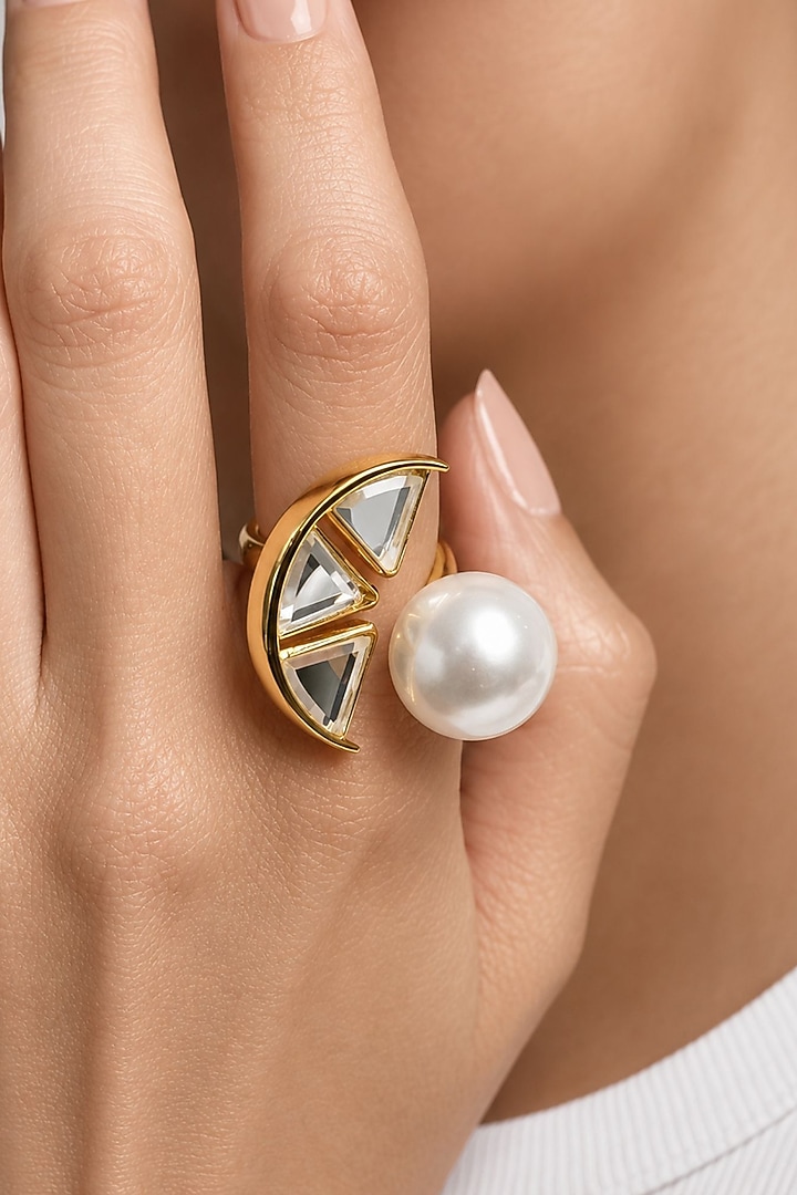Micron Gold Finish Hand-Cut Polki Mirror & Pearl Ring by Isharya at Pernia's Pop Up Shop