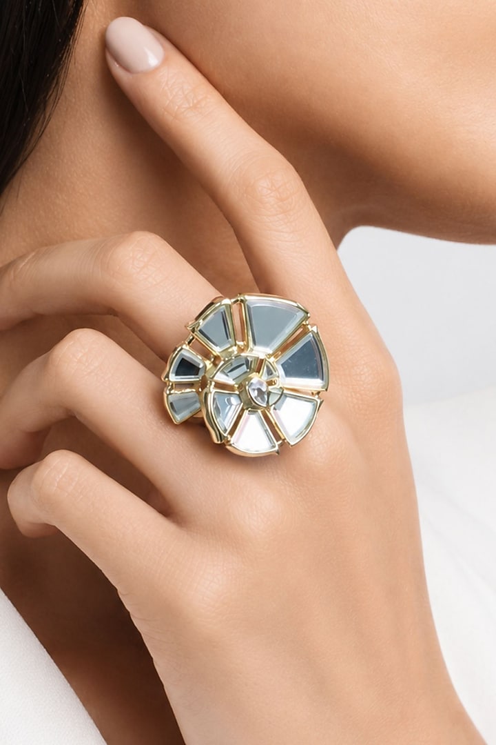 Micron Gold Finish Hand-Cut Polki Mirror Ring by Isharya at Pernia's Pop Up Shop