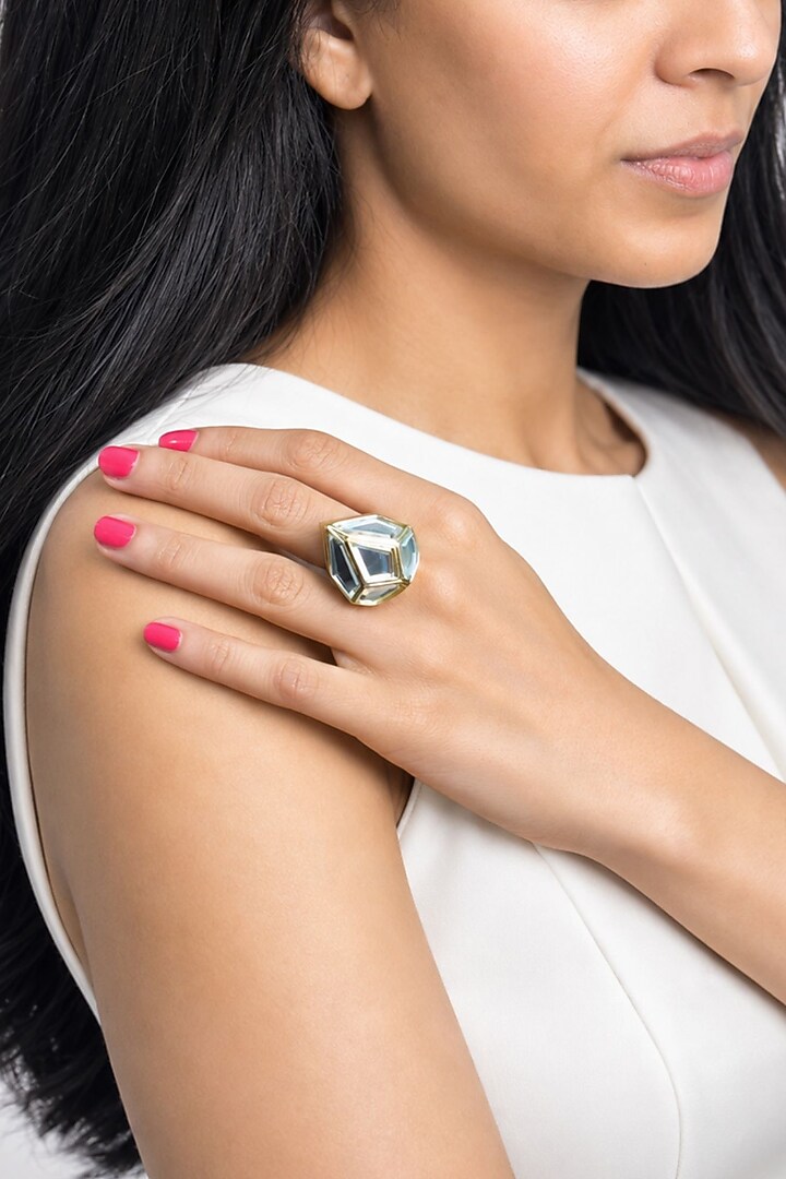Micron Gold Finish Hand-Cut Polki Mirror Ring by Isharya at Pernia's Pop Up Shop