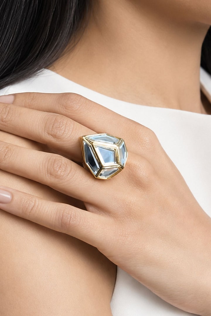 Micron Gold Finish Hand-Cut Polki Mirror Ring by Isharya at Pernia's Pop Up Shop