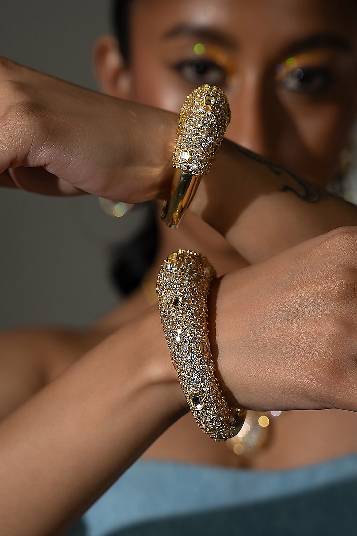 Gold Plated CZ Stone & Mirror Enameled Cuff by Isharya at Pernia's Pop Up Shop