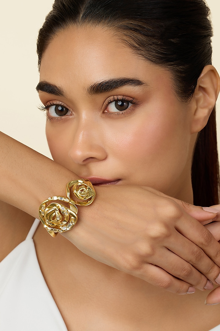 Gold Plated Mirror Double Rose Statement Cuff by Isharya at Pernia's Pop Up Shop