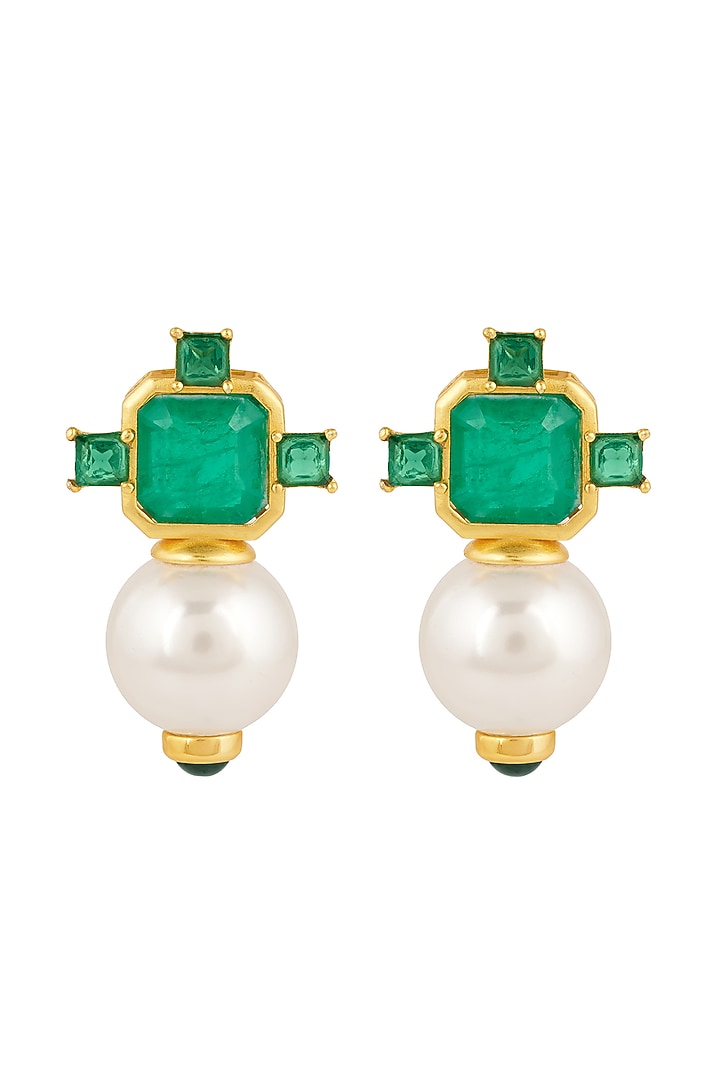 Gold Plated Green Doublet Stone & CZ Stud Earrings by Isharya at Pernia's Pop Up Shop
