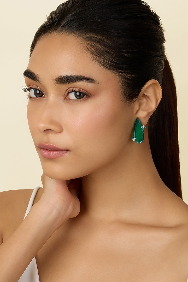 Gold Plated Green Doublet Stone & CZ Flame Stud Earrings by Isharya at Pernia's Pop Up Shop