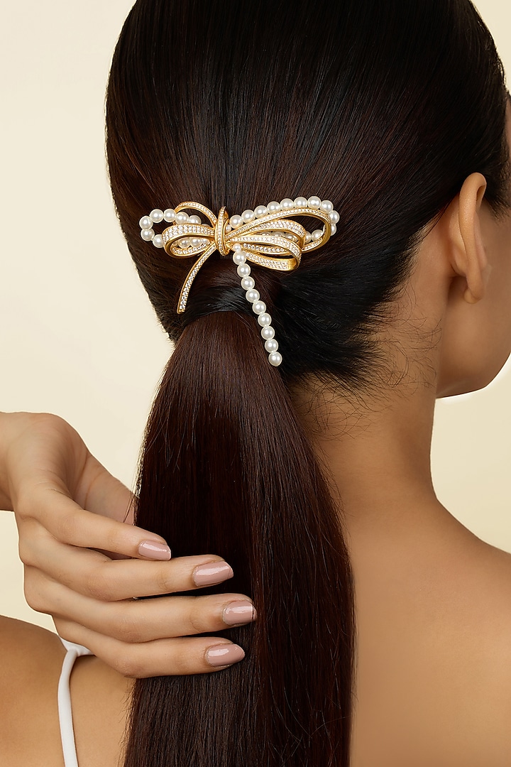 Gold Plated Pearl & CZ Bow Hair Accessories by Isharya at Pernia's Pop Up Shop